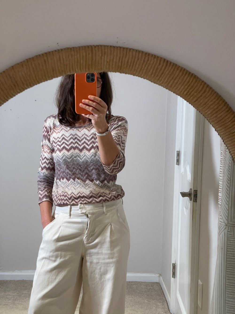 David Cline Missoni zig chevron crushed jersey top 3/4 sleeve beige/gray S/ M